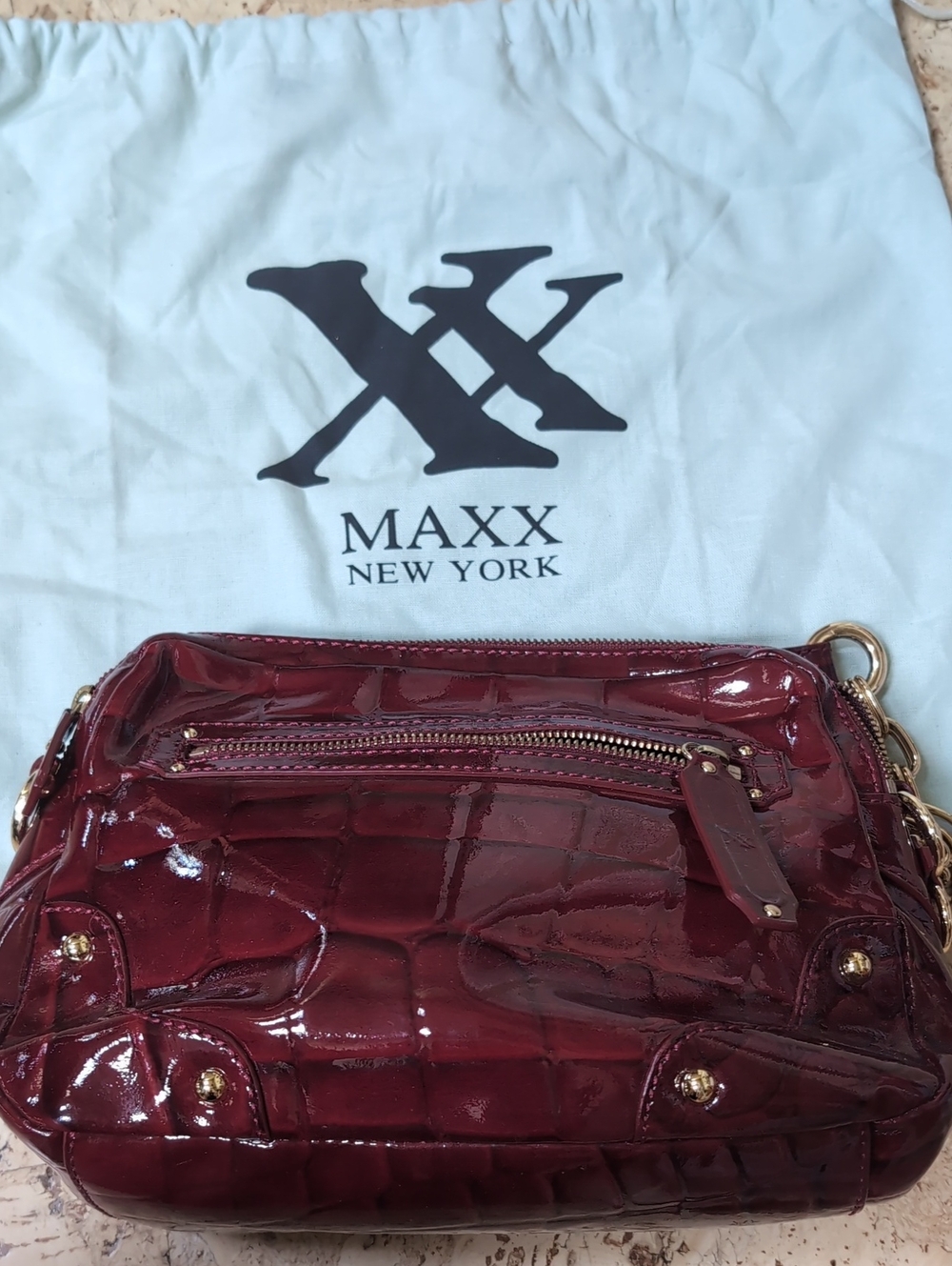 Maxx New York Burgundy Patent Croc-Embossed Shoulder Bag